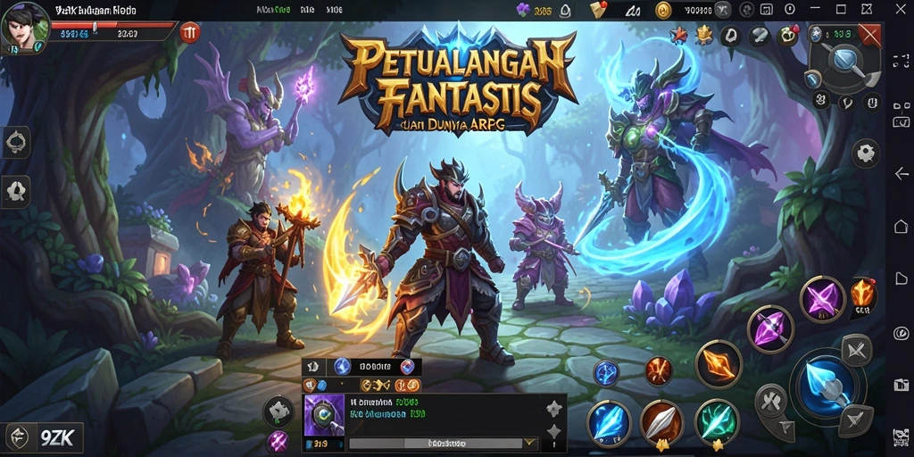 Screenshot gameplay 9ZK menampilkan pertempuran seru di dunia fantastis.