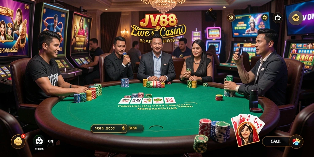 Tampilan gameplay Live Casino JV88 dengan dealer profesional dan suasana yang mendebarkan.