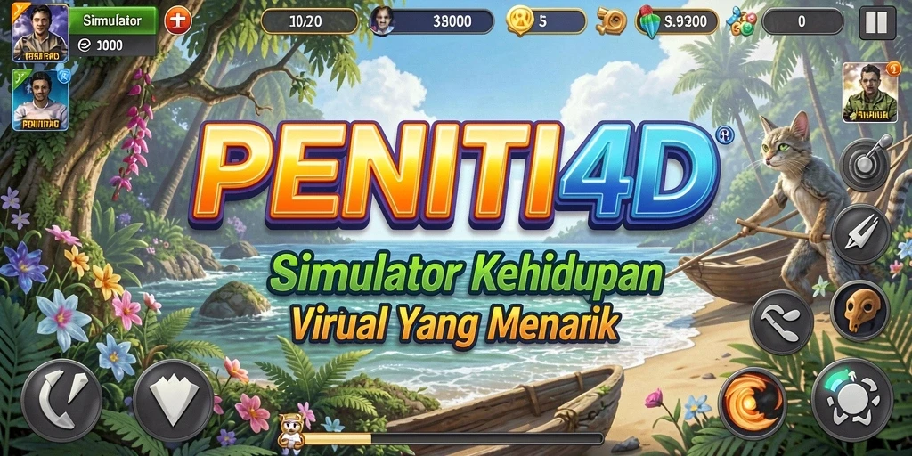 Screenshot utama PENITI4D menampilkan karakter unik dalam dunia virtual yang interaktif.