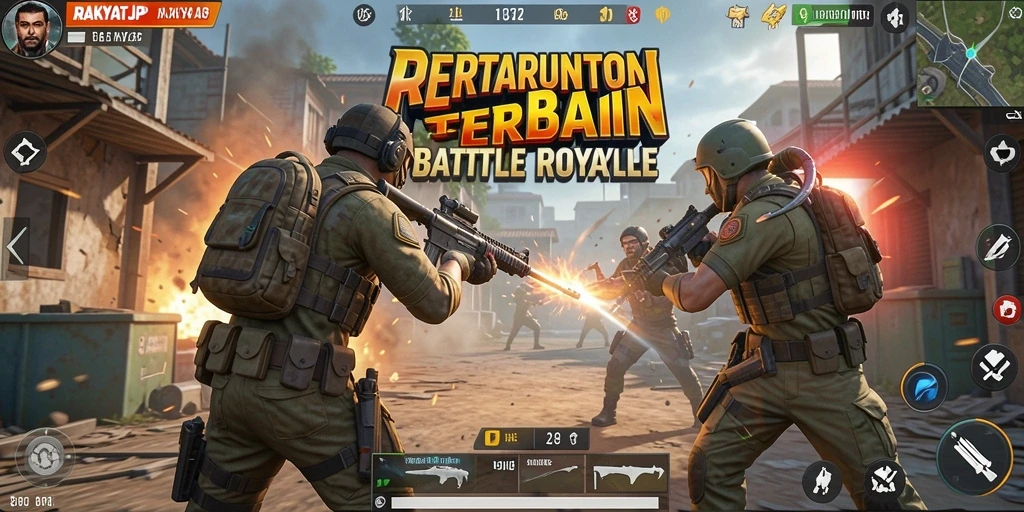 Screenshot menunjukkan pemain bertarung dalam lingkungan Battle Royale yang dinamis.
