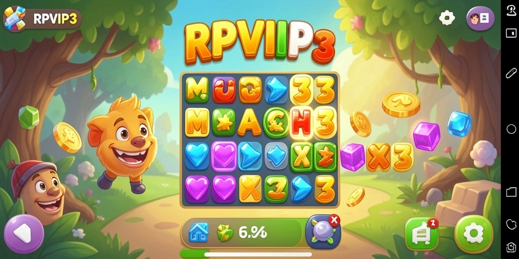 Tampilan gameplay RPVIP3 dengan berbagai level match-3 yang menantang.