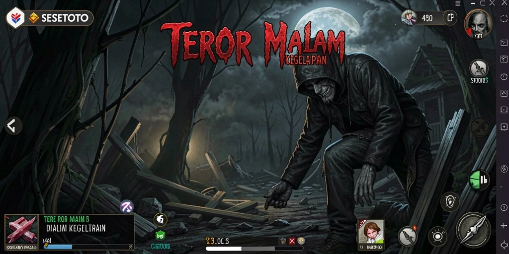 Tangkapan layar gameplay SESETOTO menampilkan suasana horor yang mencekam.