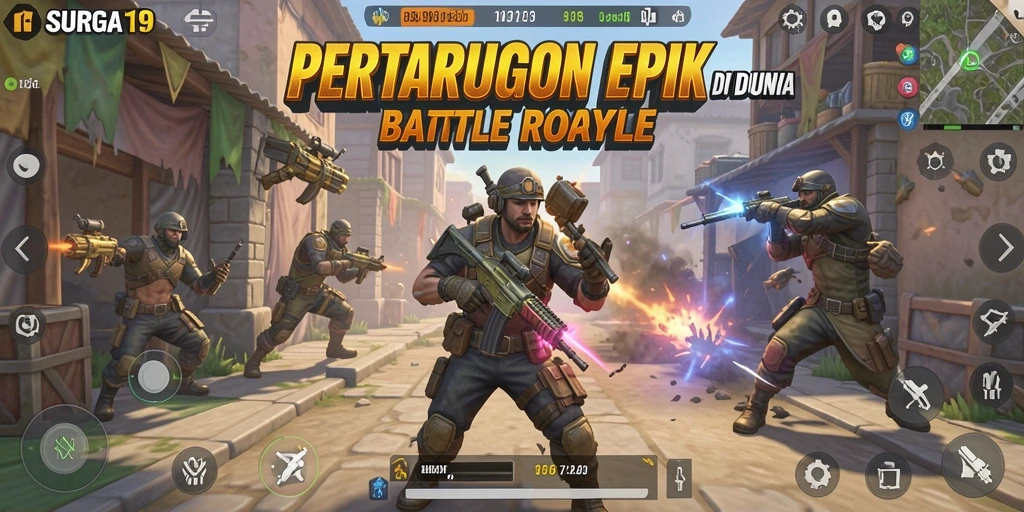Tangkapan layar utama SURGA19 menunjukkan aksi menegangkan dalam permainan Battle Royale.