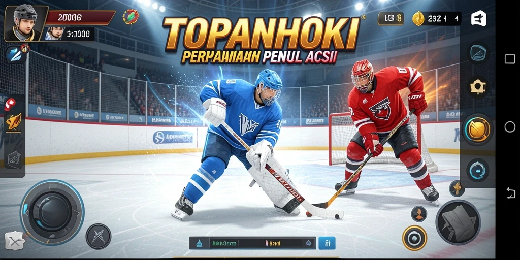 Screenshot utama dari gameplay hoki yang intens dan menarik.