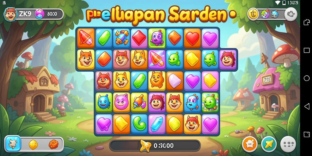 Gameplay ZK9: mencocokkan tiga buah untuk skor tinggi.